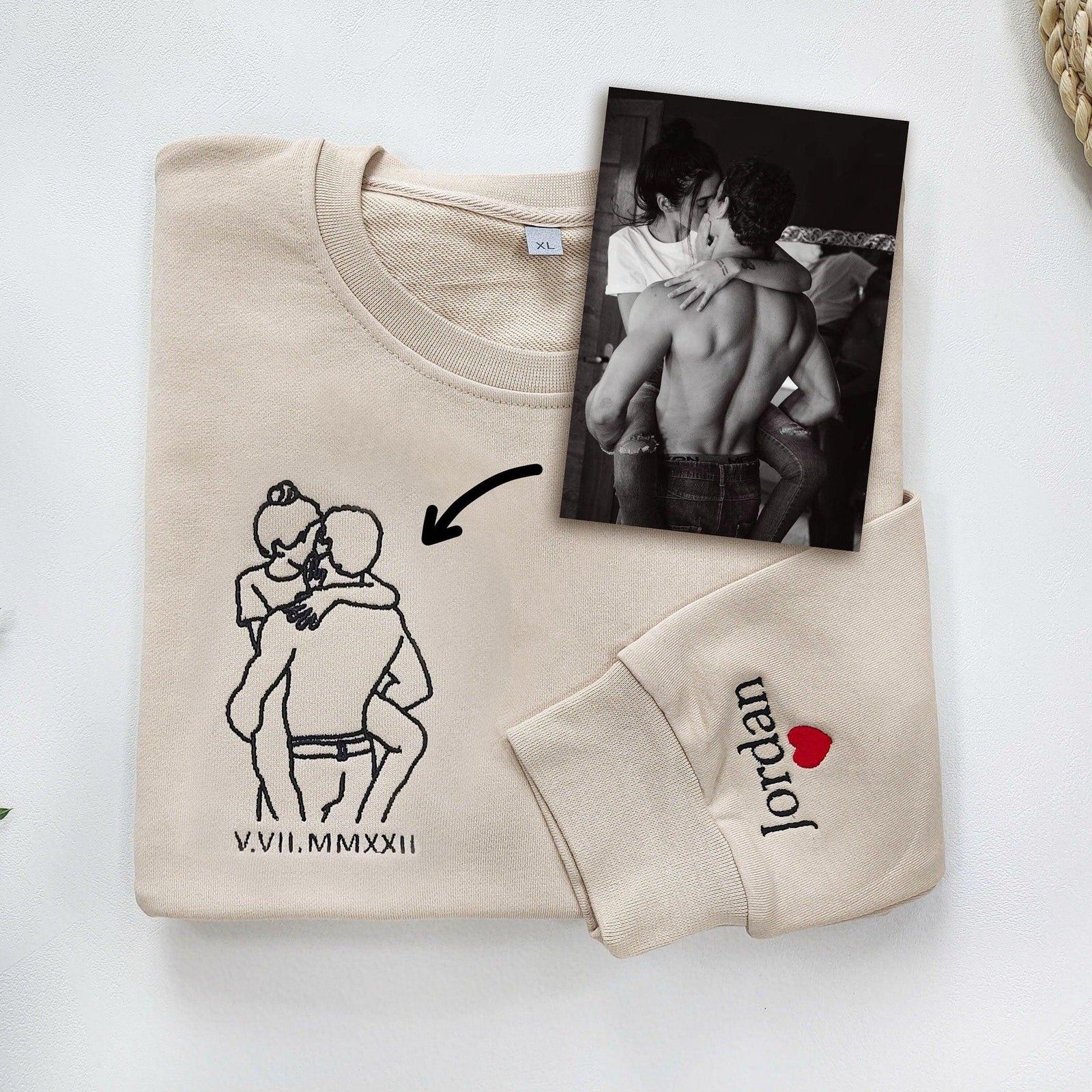 Custom Embroidered Sweatshirts For Couples, Custom Embroidered Portrait Photo Roman Numeral Date, Matching Couple Embroidered Sweatshirt Hoodie