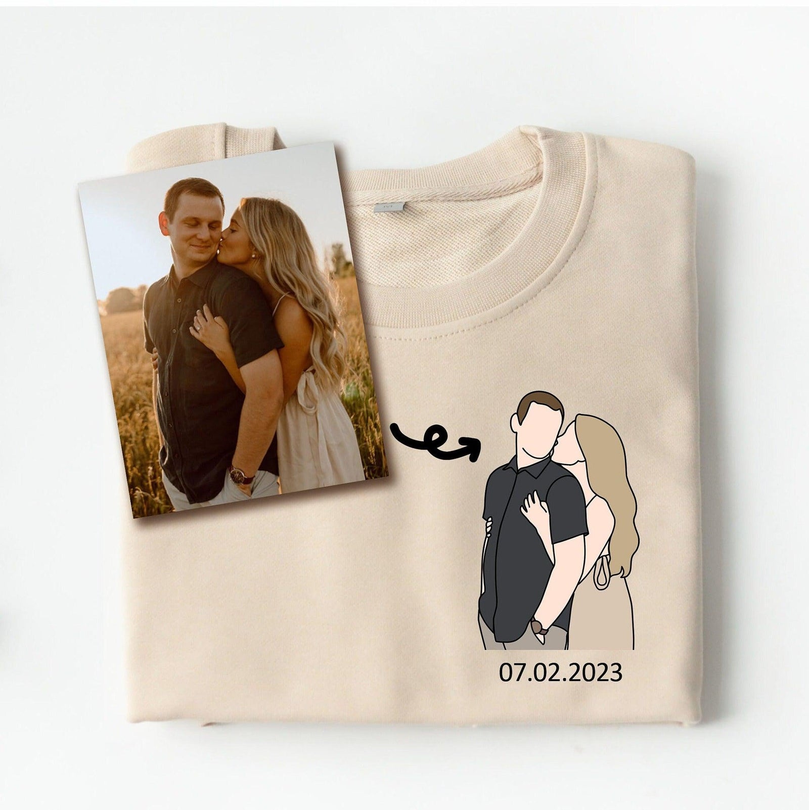 Custom Embroidered Sweatshirts For Couples, Custom Embroidered Portrait Photo Date On Sleeve Matching Couple Embroidered Sweatshirt Hoodie