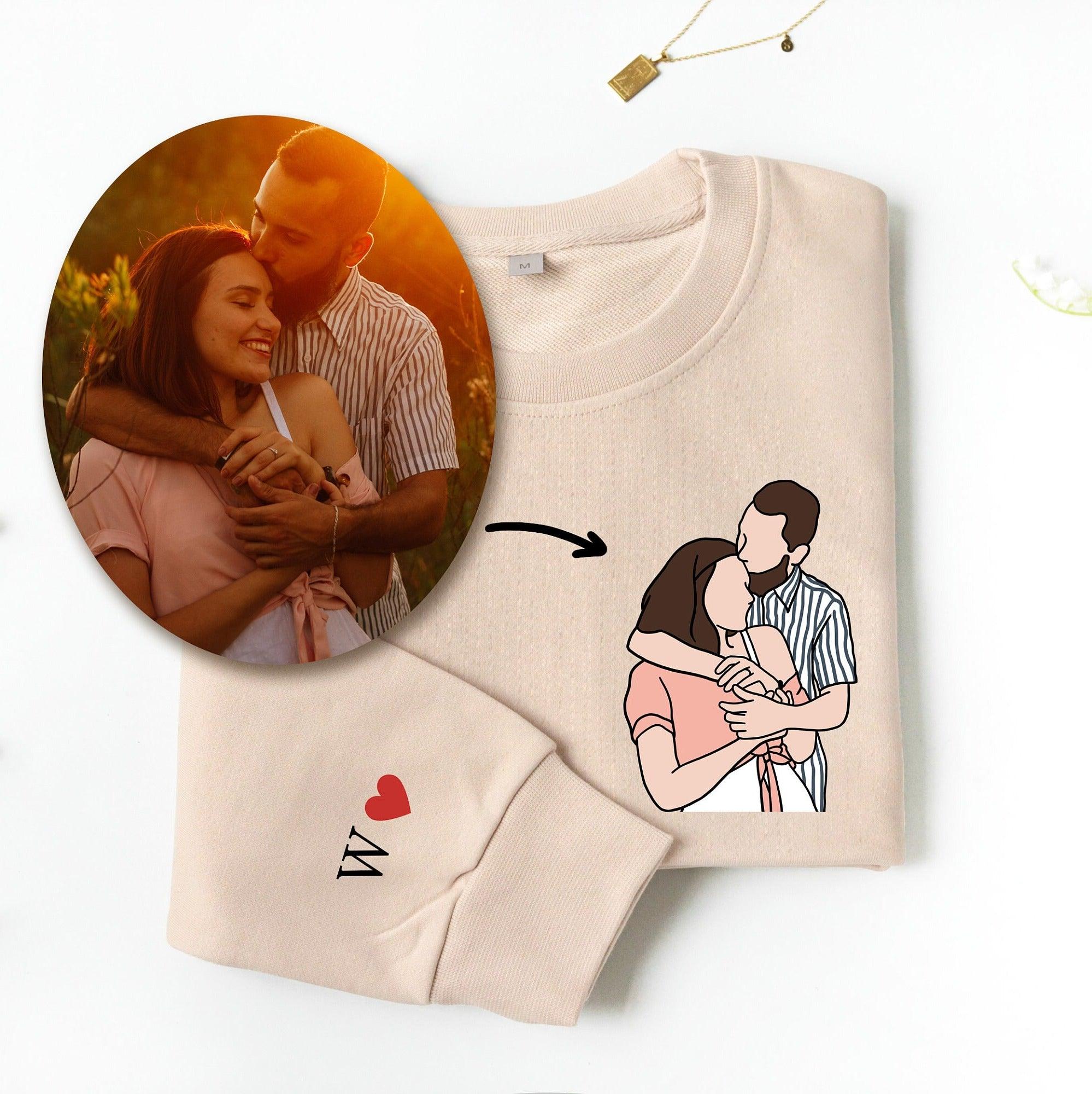Personalized Embroidered Portrait Picture Outline Photo Couples Embroidered Sweatshirt