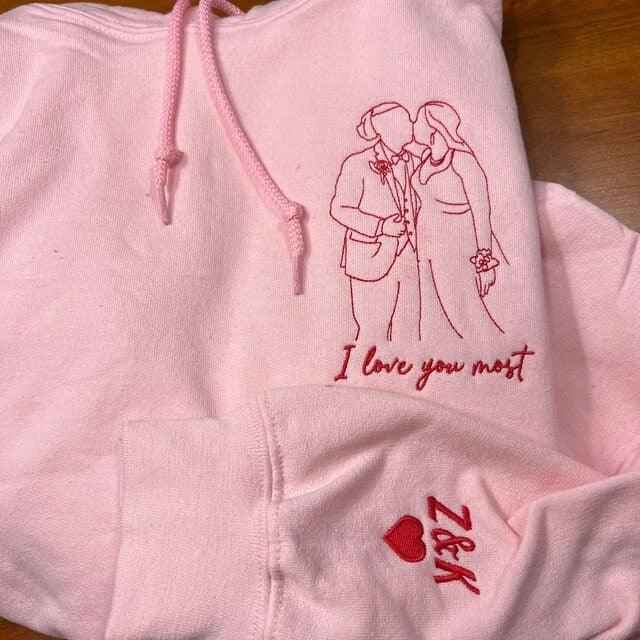 Custom Embroidered Sweatshirts For Couples, Custom Embroidered Portrait Outline From Photo Embroidered Matching Couples Hoodie Sweatshirt