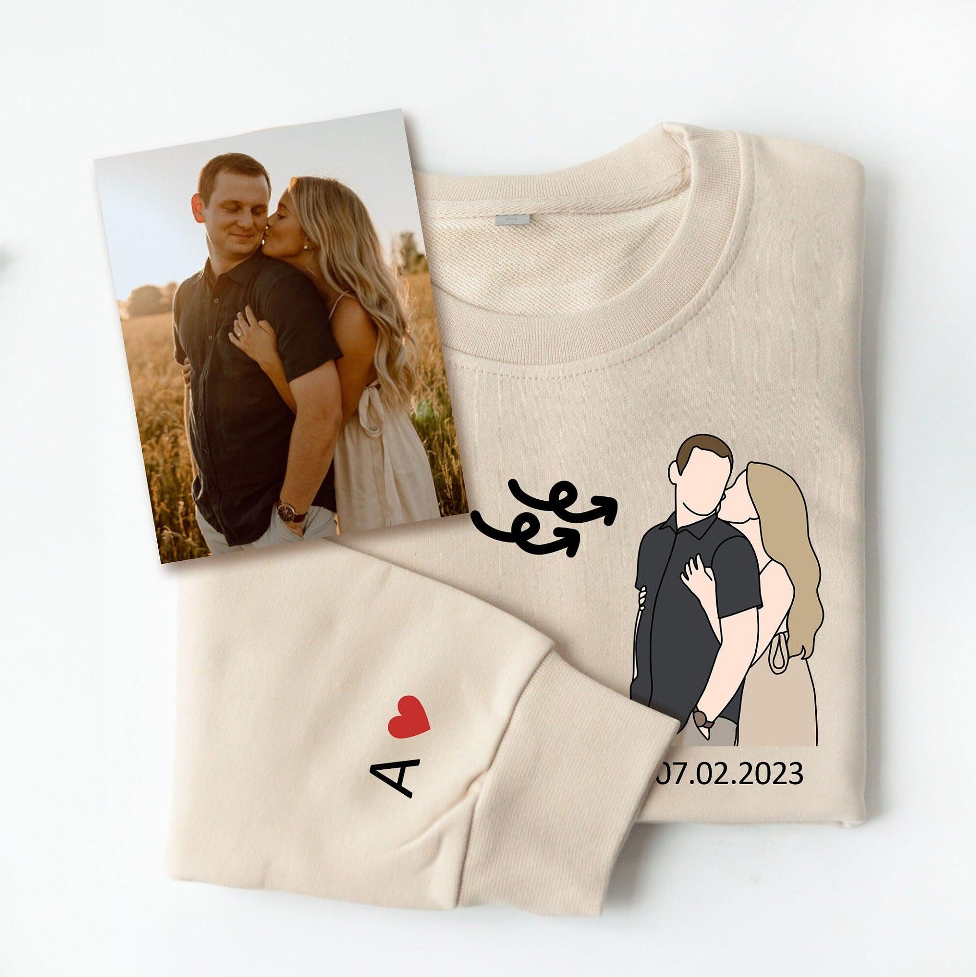 Custom Embroidered Hoodies For Couples, Custom Embroidered Portrait Photo Date On Sleeve Matching Couple Embroidered Hoodie