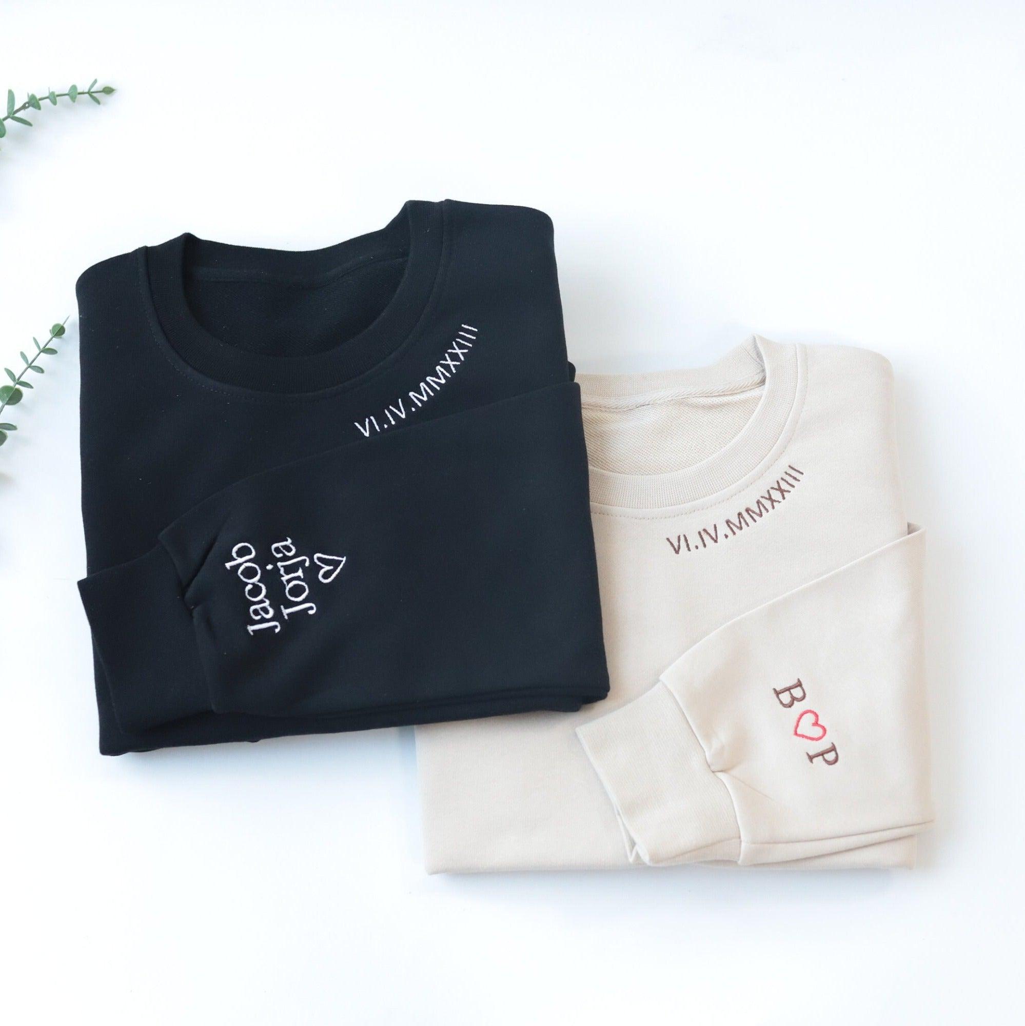 Custom Embroidered Sweatshirts For Couples, Custom Embroidered Roman Numeral Sweatshirt Date on Neckline Matching Couples Sweater