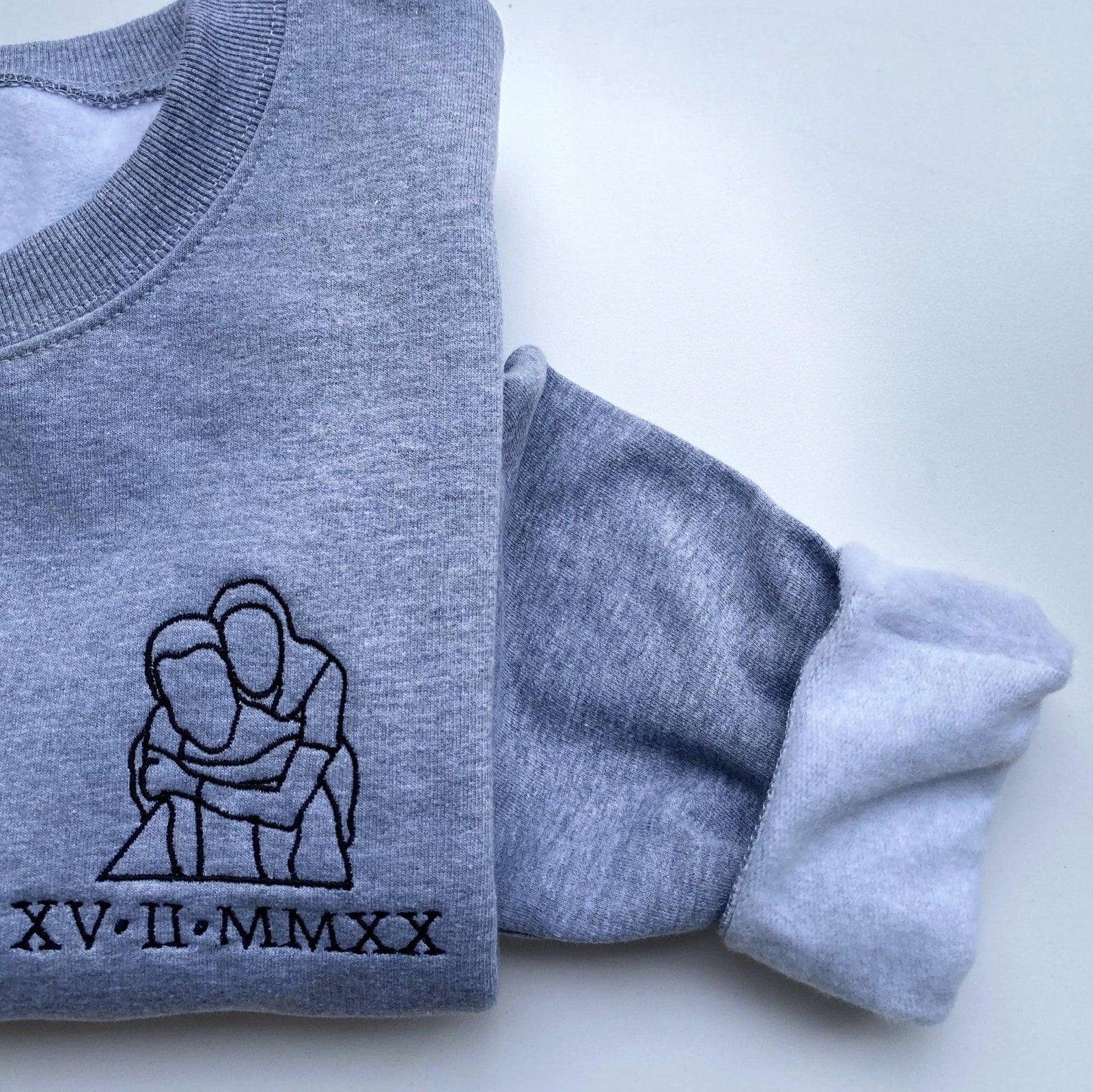 Custom Embroidered Portrait From Photo Outline Roman Numeral Date Couples Matching Embroidered Sweatshirt
