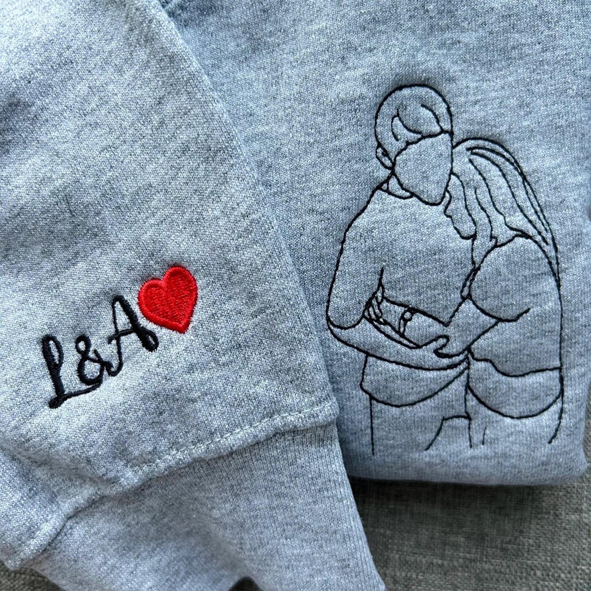 Custom Embroidered Sweatshirts For Couples, Custom Embroidered Portrait Outline From Photo Embroidered Matching Couples Hoodie Sweatshirt