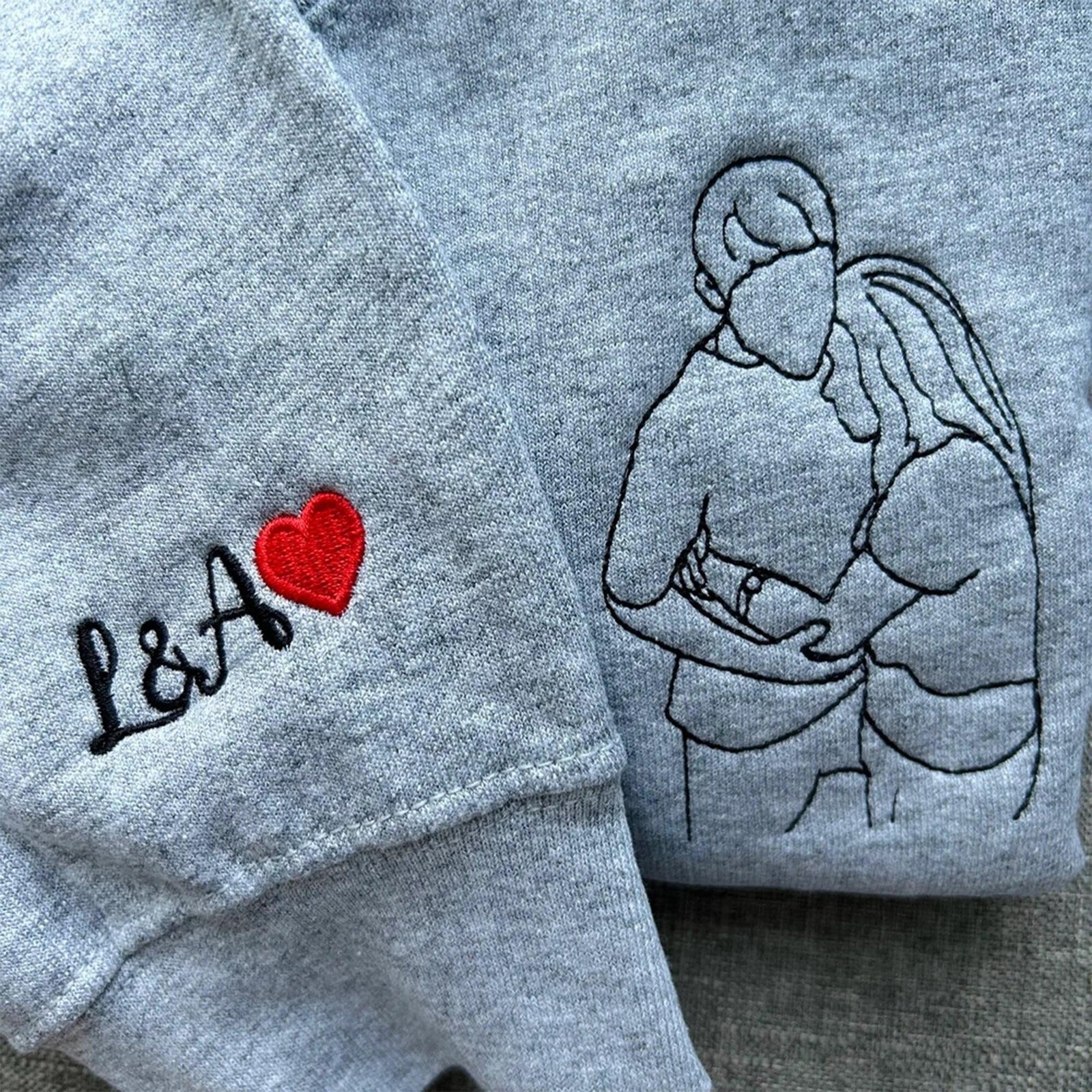 Custom Embroidered Hoodies For Couples, Custom Embroidered Portrait Outline From Photo Embroidered Matching Couples Hoodie