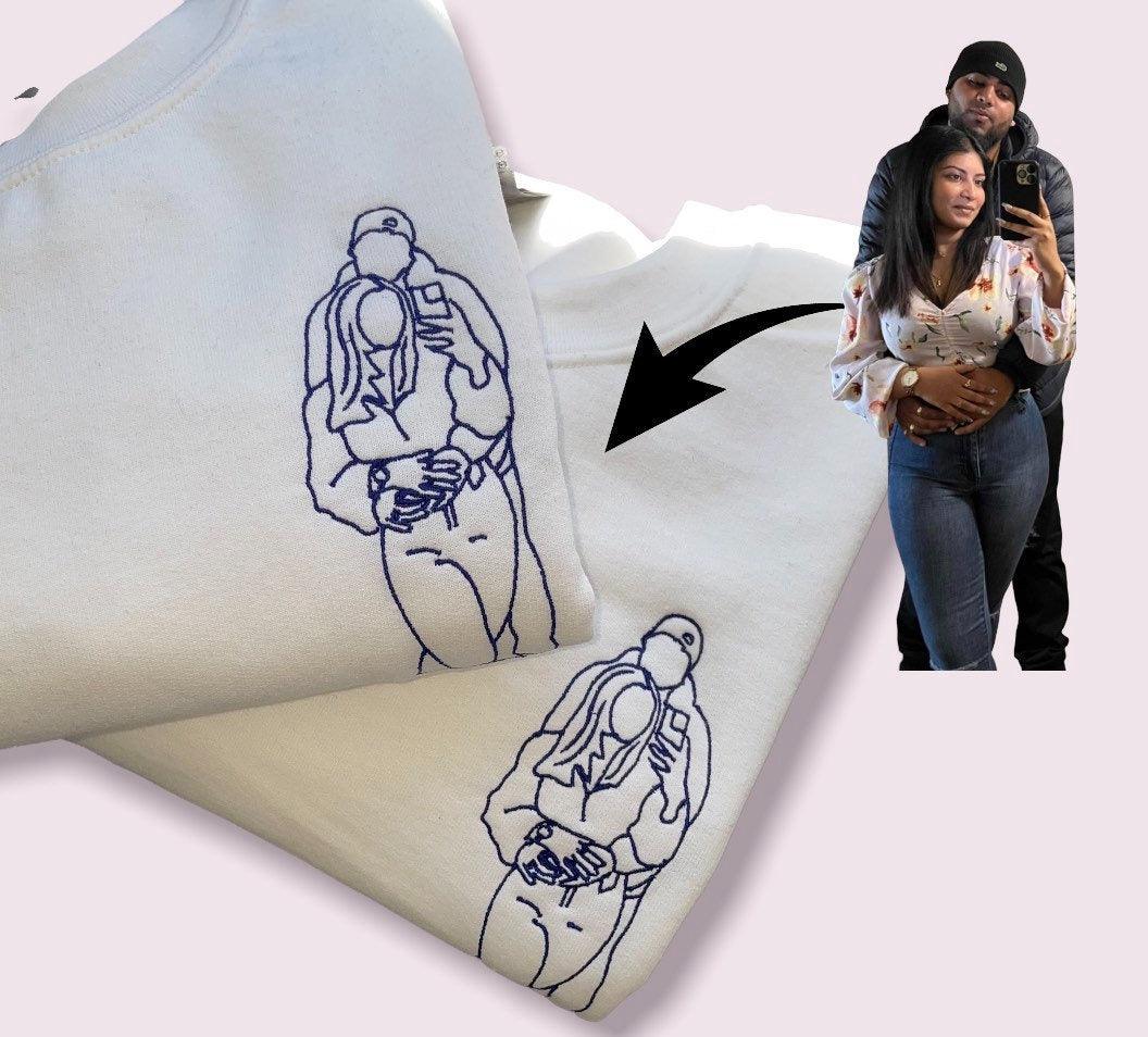 Custom Embroidered Sweatshirts For Couples, Custom Embroidered Outline Portrait From Photo Matching Couples Sweatshirt, Outline Photo Embroidered Sweater