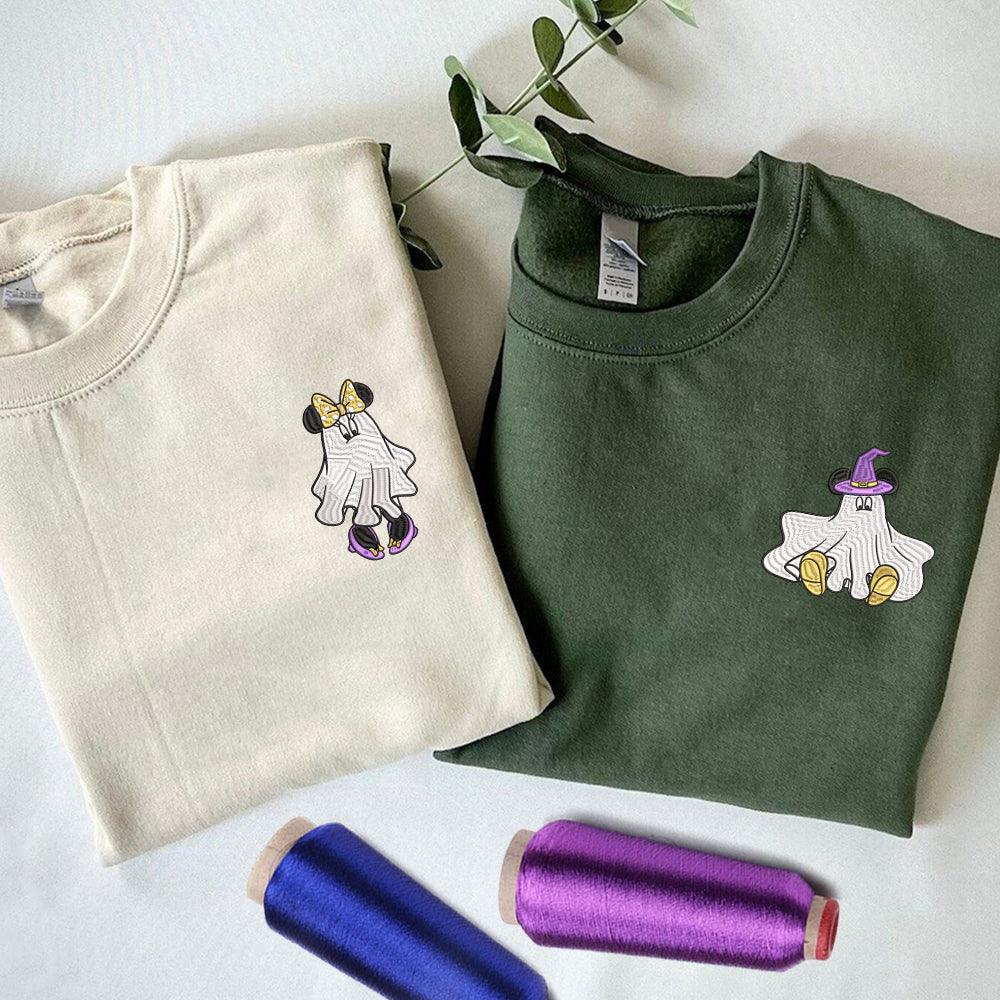 Custom Embroidered Halloweeen Hoodies For Couples, Custom Matching Couple Hoodie, Cartoon Ghost Mouses Couples Embroidered Hoodie V1