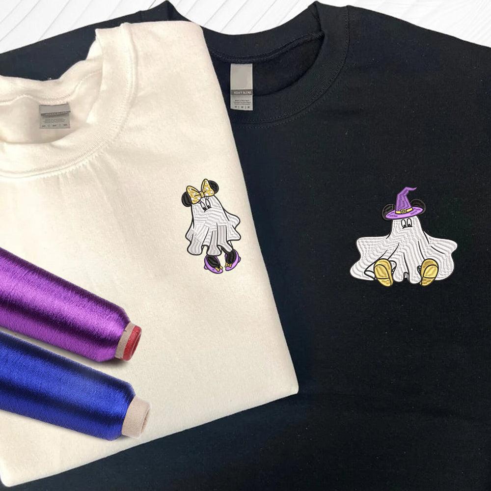 Custom Embroidered Halloweeen Sweatshirts For Couples, Custom Matching Couple Sweatshirt, Cartoon Ghost Mouses Couples Embroidered Sweater V1