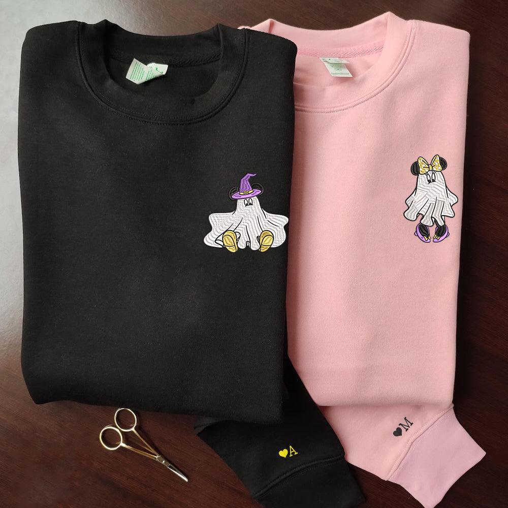 Custom Embroidered Halloweeen Sweatshirts For Couples, Custom Matching Couple Sweatshirt, Cartoon Ghost Mouses Couples Embroidered Sweater V2