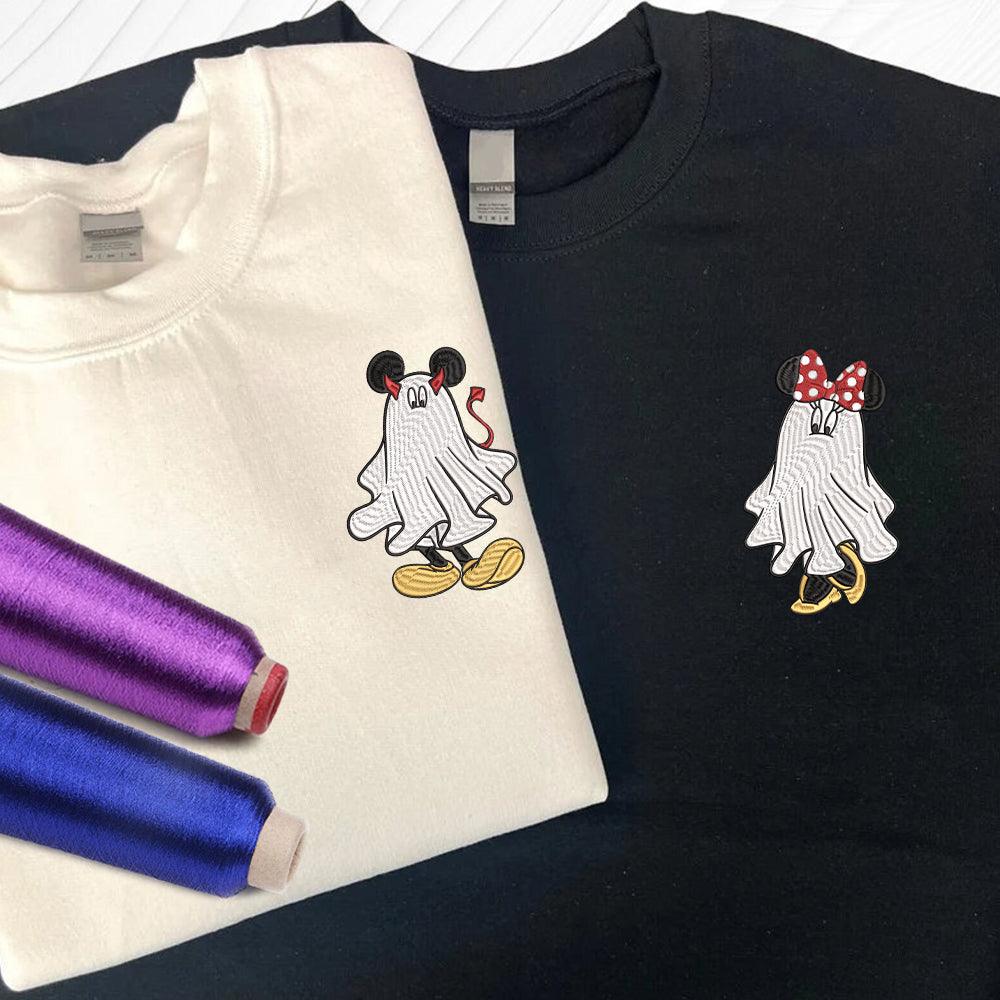 Custom Embroidered Halloweeen Sweatshirts For Couples, Custom Matching Couple Sweatshirt, Cartoon Ghost Mouses Couples Embroidered Sweater V3