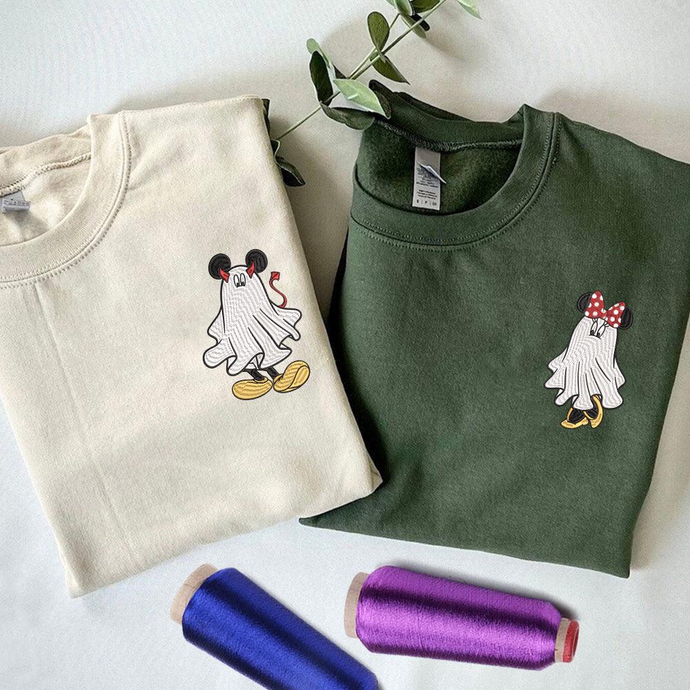Custom Embroidered Halloweeen Sweatshirts For Couples, Custom Matching Couple Sweatshirt, Cartoon Ghost Mouses Couples Embroidered Sweater V3