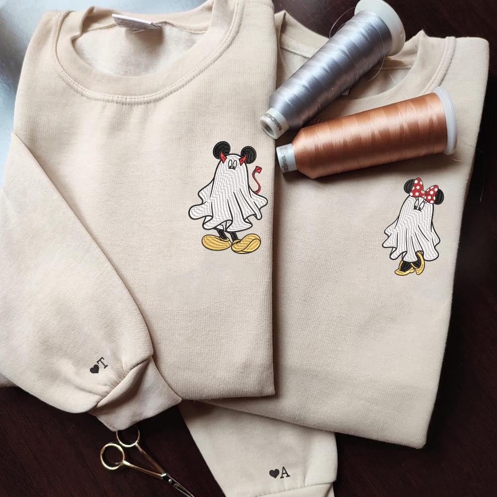 Custom Embroidered Halloweeen Sweatshirts For Couples, Custom Matching Couple Sweatshirt, Cartoon Ghost Mouses Couples Embroidered Sweater V3