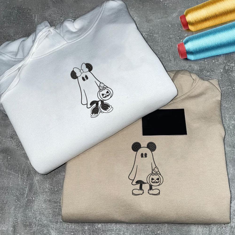 Custom Embroidered Halloweeen Hoodies For Couples, Custom Matching Couple Hoodie, Cartoon Ghost Mouses Couples Embroidered Hoodie V3