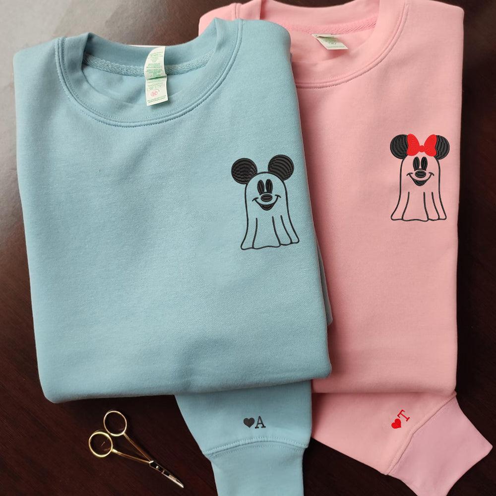 Custom Embroidered Halloweeen Sweatshirts For Couples, Custom Matching Couple Sweatshirt, Cartoon Mouses Couples Embroidered Sweater V3
