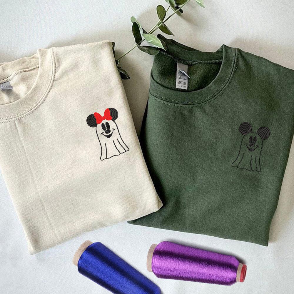 Custom Embroidered Halloweeen Sweatshirts For Couples, Custom Matching Couple Sweatshirt, Cartoon Mouses Couples Embroidered Sweater V3