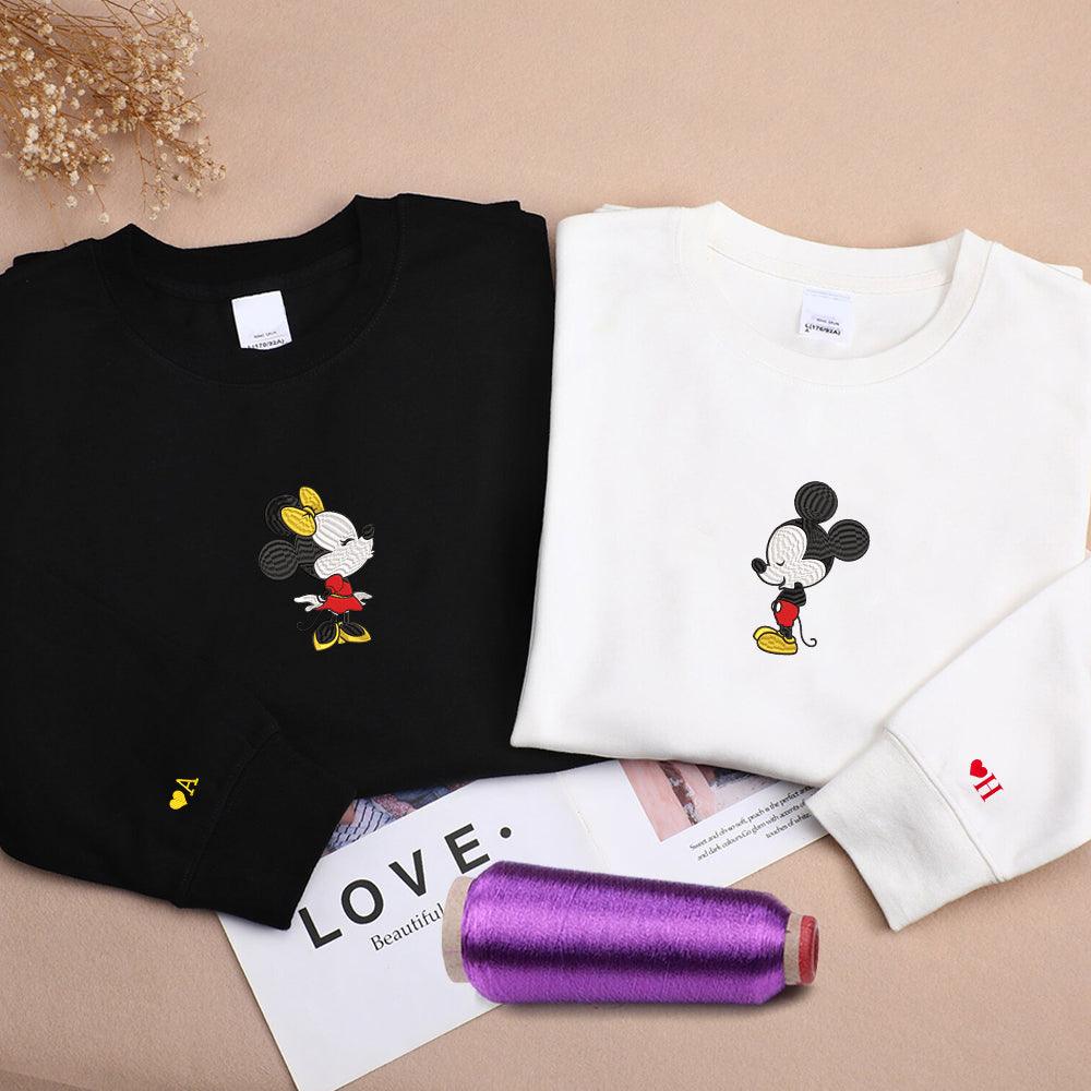 Custom Embroidered Sweatshirts For Couples, Custom Matching Couple Sweatshirt, Cartoon Mouses In Love Couples Embroidered Sweater