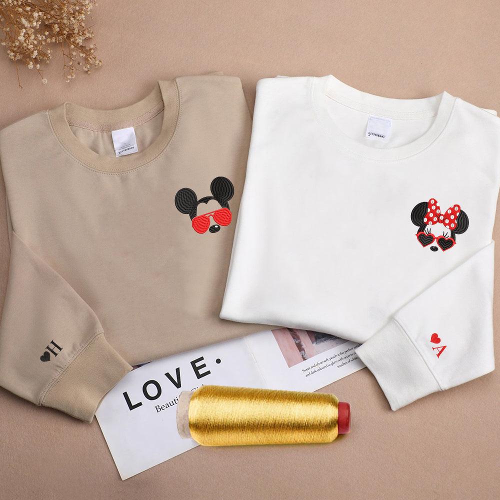 Custom Embroidered Sweatshirts For Couples, Custom Matching Couple Sweatshirt, Cartoon Mouses Inspired Couples Embroidered Matching Sweater