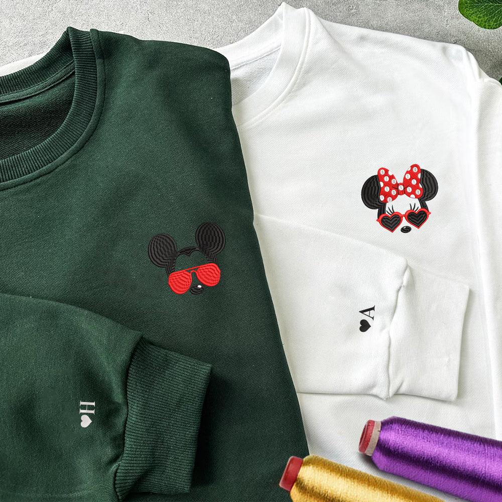 Custom Embroidered Sweatshirts For Couples, Custom Matching Couple Sweatshirt, Cartoon Mouses Inspired Couples Embroidered Matching Sweater