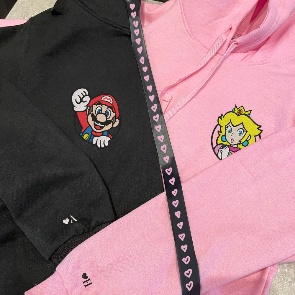 Custom Embroidered Hoodies For Couples, Cute Cartoon Princess x Mario Couples Embroidered Hoodie