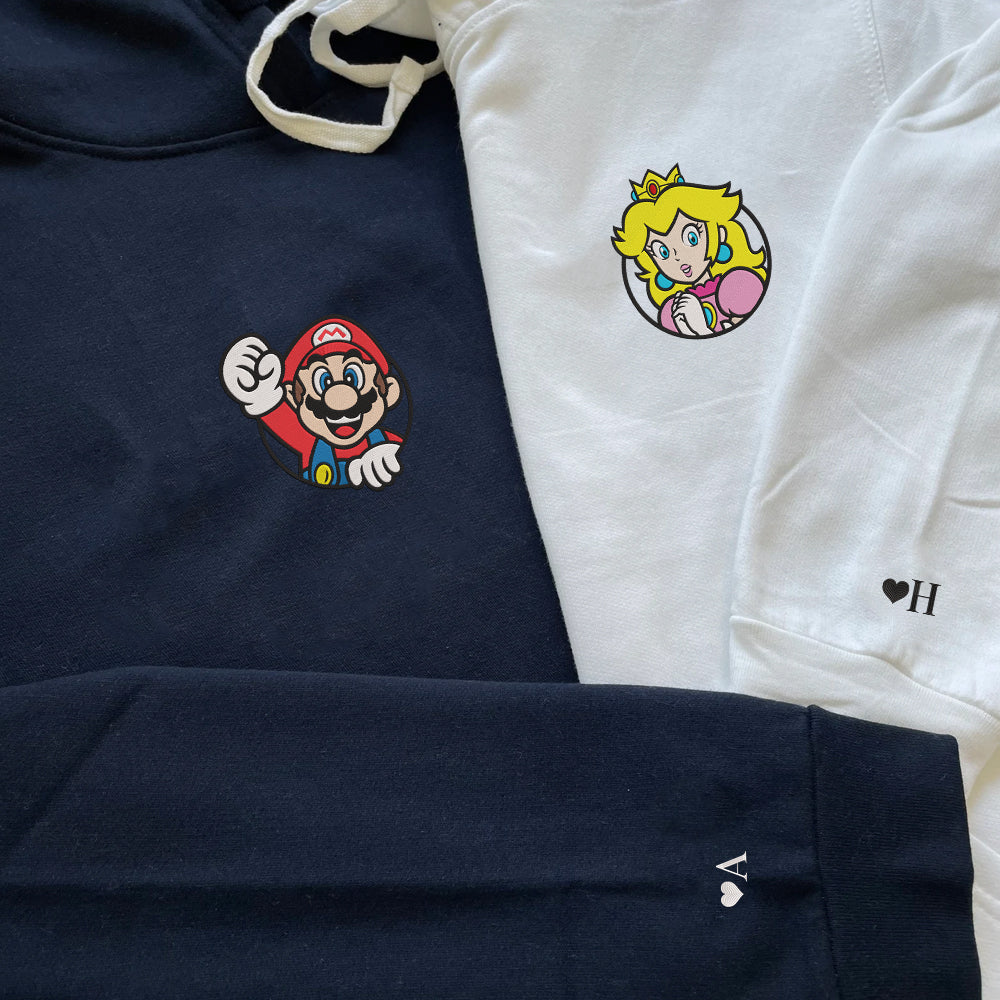 Custom Embroidered Hoodies For Couples, Cute Cartoon Princess x Mario Couples Embroidered Hoodie