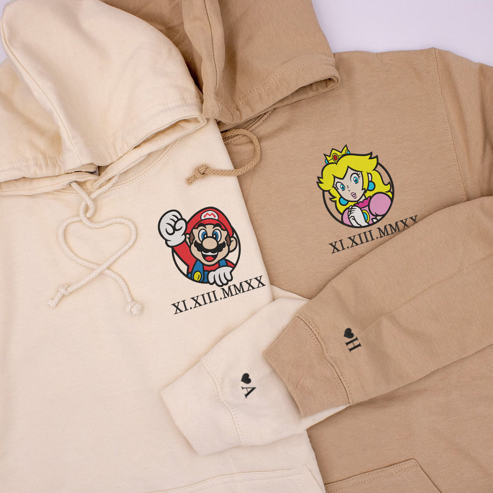 Custom Embroidered Roman Numeral Date Hoodies For Couples, Cartoon Princessx Mario Cute Couples Embroidered Hoodie
