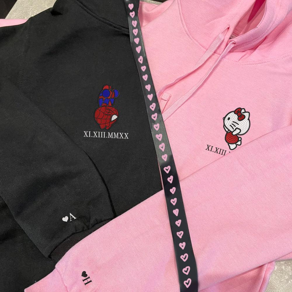 Custom Embroidered Roman Numeral Hoodies For Couples, Roman Numeral Date Hoodie, Cartoon Spider and Kitten Couples Embroidered Hoodie V1