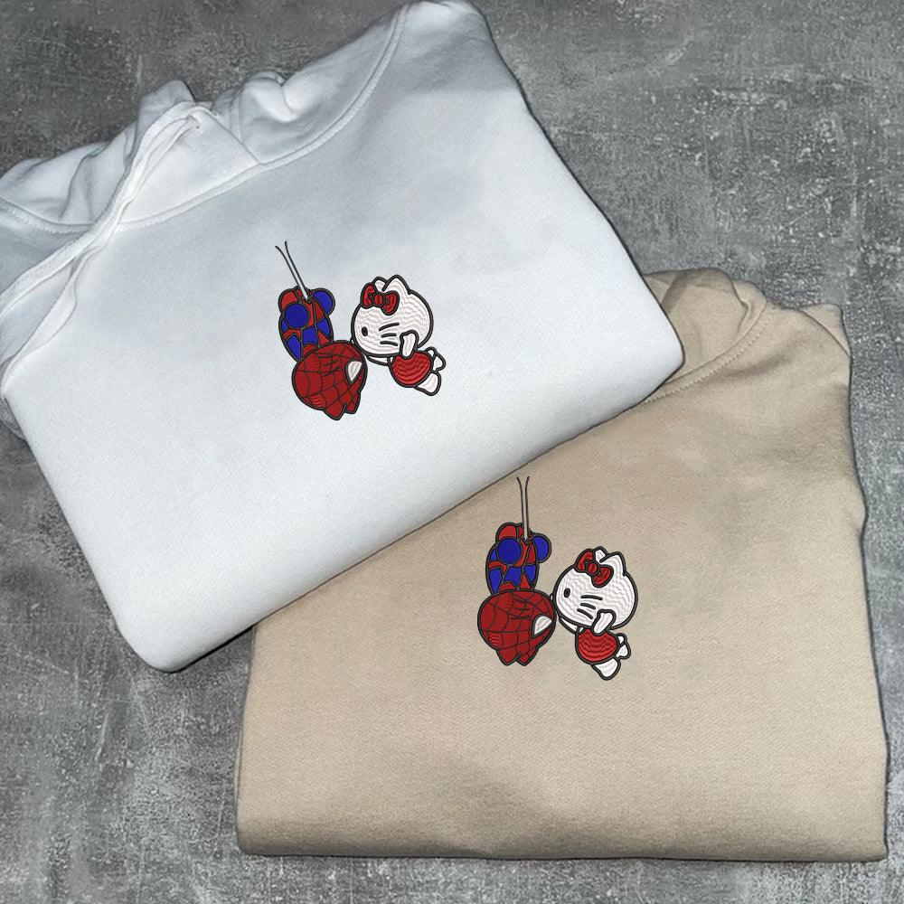 Custom Embroidered Hoodies For Couples, Custom Matching Couple Hoodie, Cartoon Spider and Kitten Couples Embroidered Hoodie V1