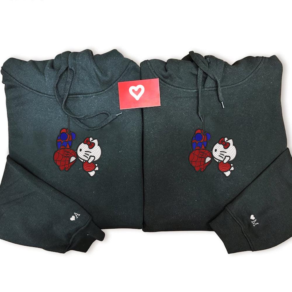 Custom Embroidered Hoodies For Couples, Custom Matching Couple Hoodie, Cartoon Spider and Kitten Couples Embroidered Hoodie V1