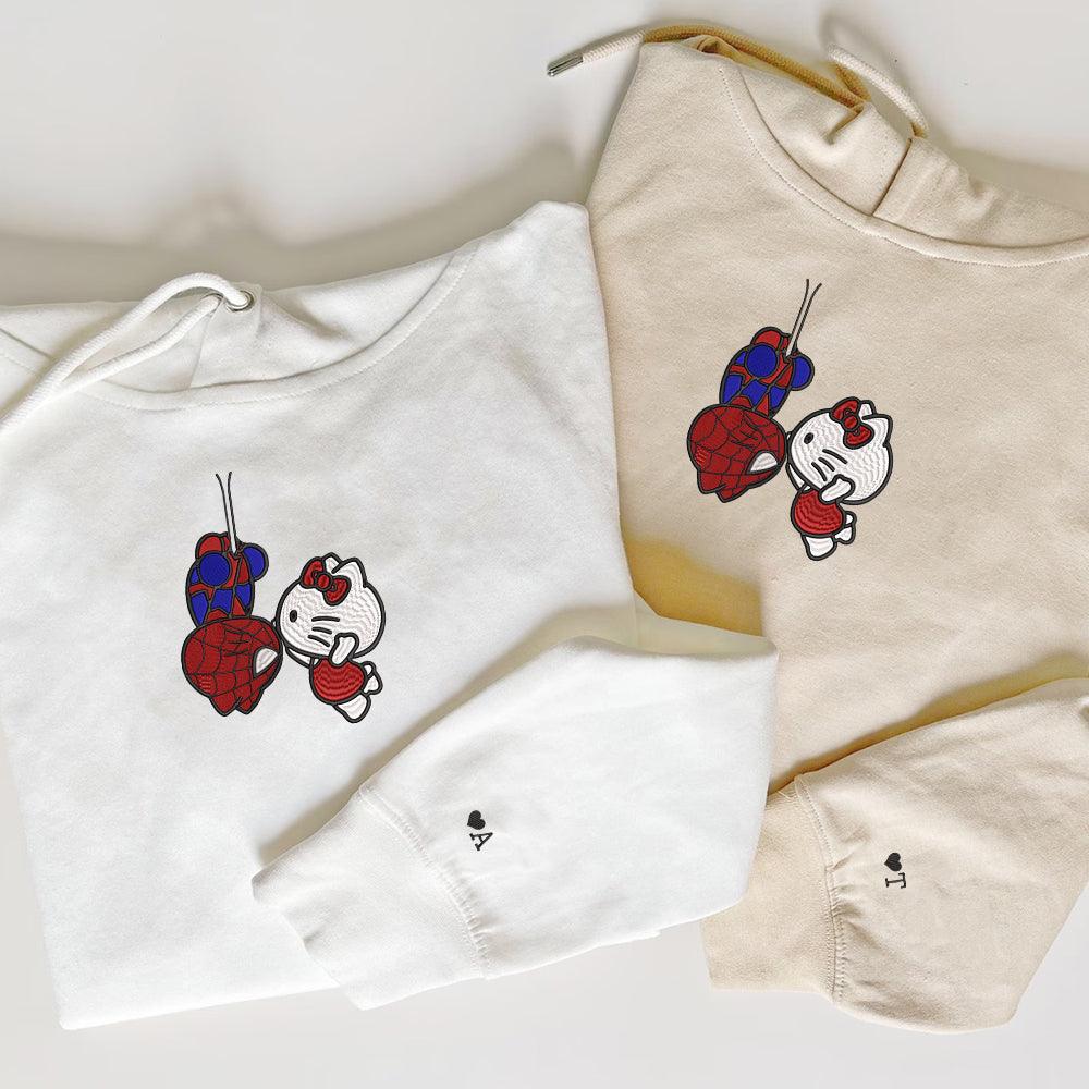 Custom Embroidered Hoodies For Couples, Custom Matching Couple Hoodie, Cartoon Spider and Kitten Couples Embroidered Hoodie V1