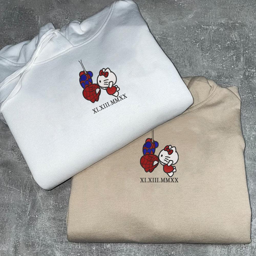 Custom Embroidered Roman Numeral Hoodies For Couples, Roman Numeral Date Hoodie, Cartoon Spider and Kitten Couples Embroidered Hoodie V2