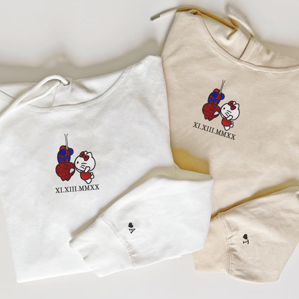 Custom Embroidered Roman Numeral Hoodies For Couples, Roman Numeral Date Hoodie, Cartoon Spider and Kitten Couples Embroidered Hoodie V2