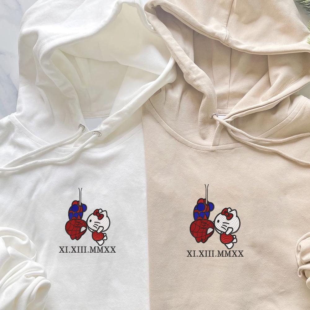 Custom Embroidered Roman Numeral Hoodies For Couples, Roman Numeral Date Hoodie, Cartoon Spider and Kitten Couples Embroidered Hoodie V2