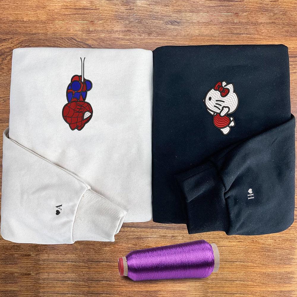 Custom Embroidered Sweatshirts For Couples, Custom Matching Couple Sweatshirt, Cartoon Spider and Kitten Couples Embroidered Crewneck Sweater V1