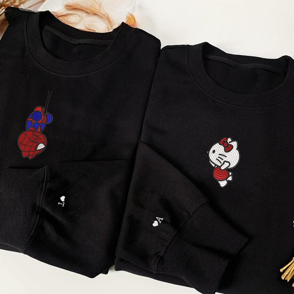Custom Embroidered Sweatshirts For Couples, Custom Matching Couple Sweatshirt, Cartoon Spider and Kitten Couples Embroidered Crewneck Sweater V1