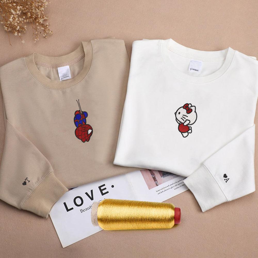 Custom Embroidered Sweatshirts For Couples, Custom Matching Couple Sweatshirt, Cartoon Spider and Kitten Couples Embroidered Crewneck Sweater V1