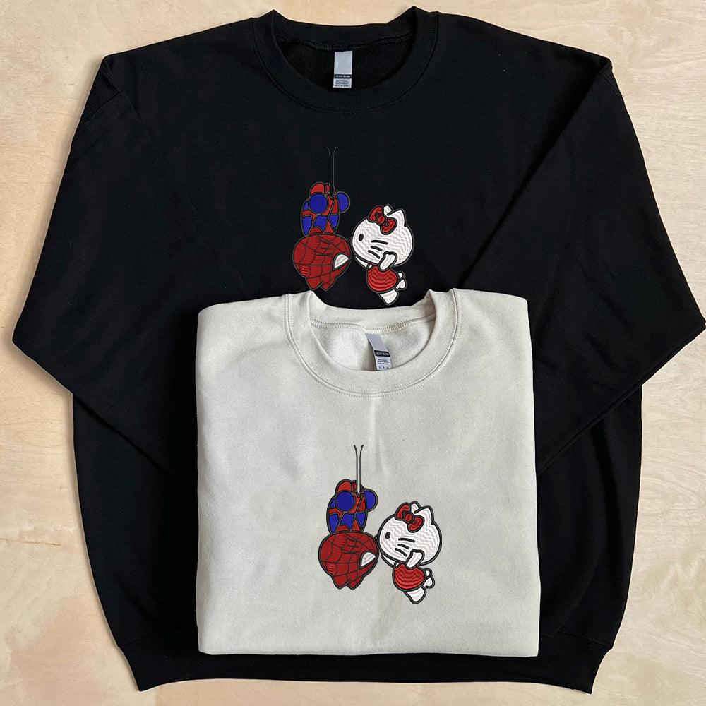 Custom Embroidered Sweatshirts For Couples, Custom Matching Couple Sweatshirt, Cartoon Spider and Kitten Couples Embroidered Crewneck Sweater V2