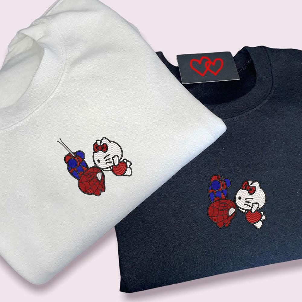 Custom Embroidered Sweatshirts For Couples, Custom Matching Couple Sweatshirt, Cartoon Spider and Kitten Couples Embroidered Crewneck Sweater V2