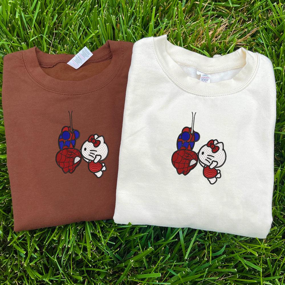 Custom Embroidered Sweatshirts For Couples, Custom Matching Couple Sweatshirt, Cartoon Spider and Kitten Couples Embroidered Crewneck Sweater V2