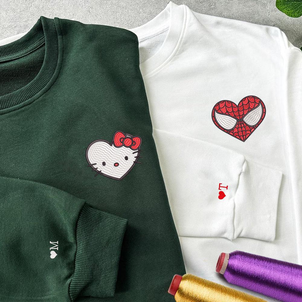 Custom Embroidered Sweatshirts For Couples, Custom Matching Couple Sweatshirt, Cartoon Spider x Cat Couples Embroidered Sweater