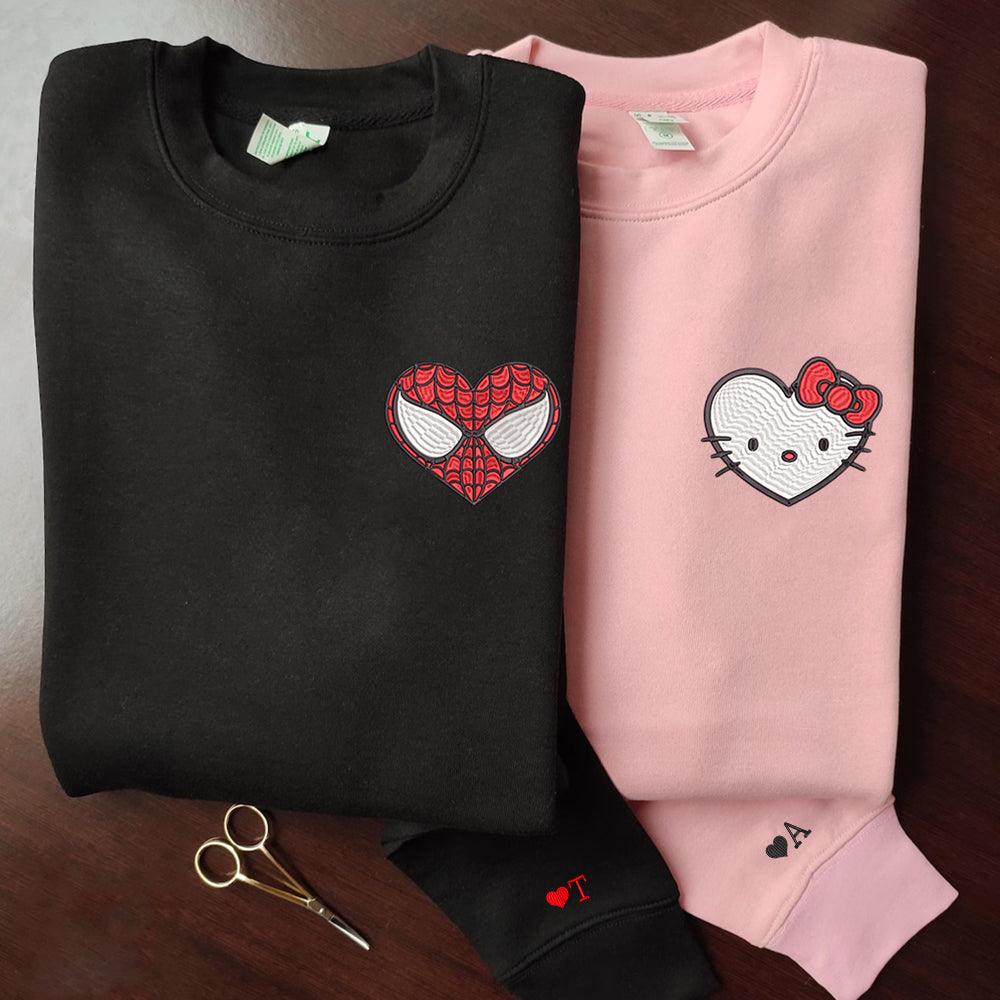 Custom Embroidered Sweatshirts For Couples, Custom Matching Couple Sweatshirt, Cartoon Spider x Cat Couples Embroidered Sweater