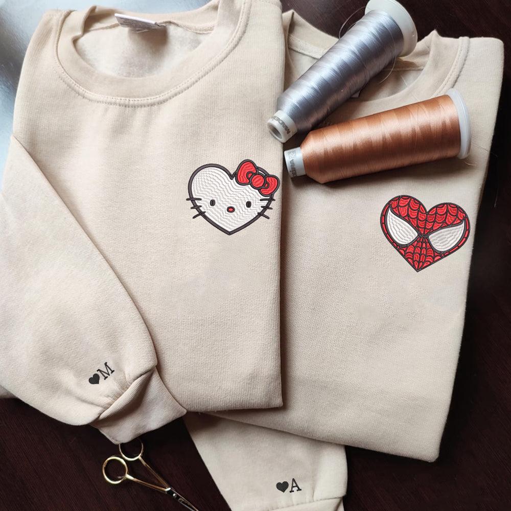 Custom Embroidered Sweatshirts For Couples, Custom Matching Couple Sweatshirt, Cartoon Spider x Cat Couples Embroidered Sweater