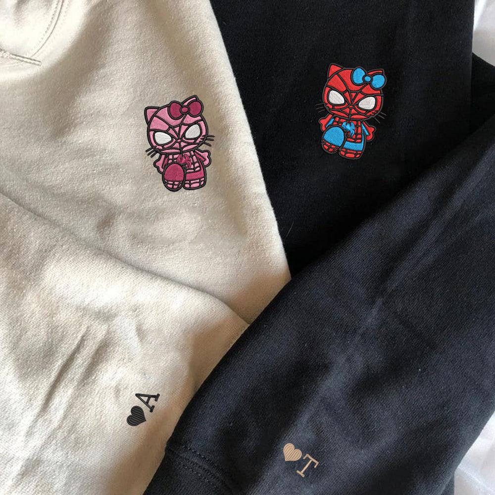 Custom Embroidered Hoodies For Couples, Custom Matching Couple Hoodie, Cartoon Spider x Kitten Couples Embroidered Hoodie
