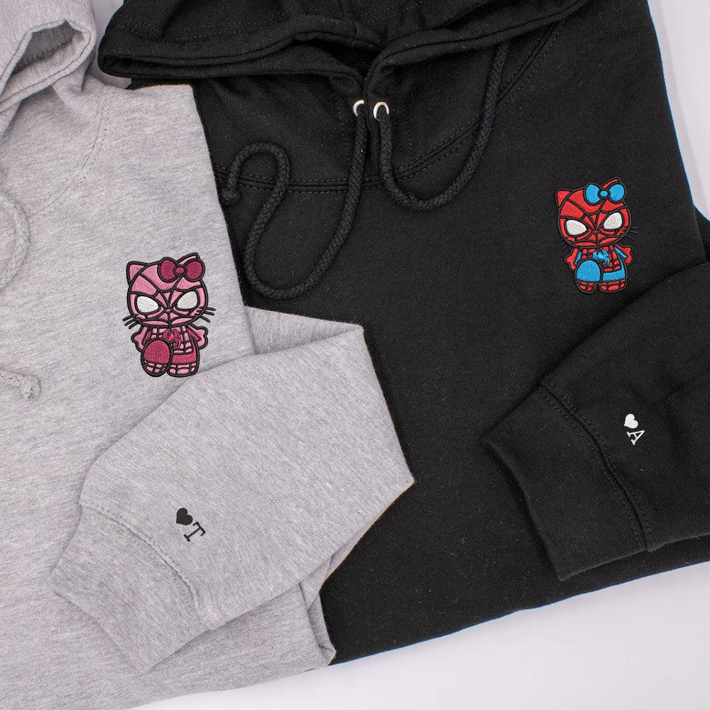Custom Embroidered Hoodies For Couples, Custom Matching Couple Hoodie, Cartoon Spider x Kitten Couples Embroidered Hoodie