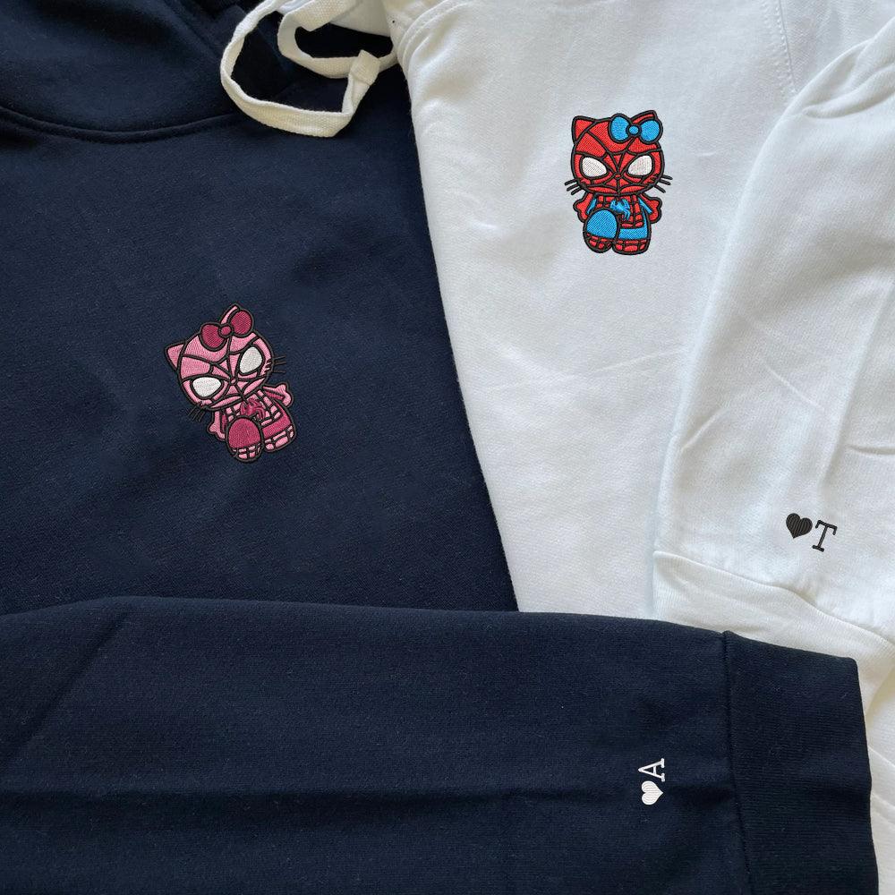 Custom Embroidered Hoodies For Couples, Custom Matching Couple Hoodie, Cartoon Spider x Kitten Couples Embroidered Hoodie
