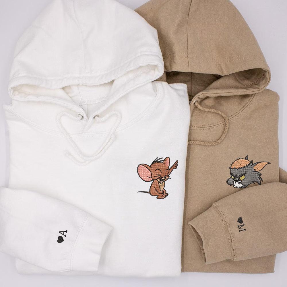 Custom Embroidered Hoodies For Couples, Custom Matching Couple Hoodie, Cartoon Tom Cat Mouses Couples Embroidered Hoodie