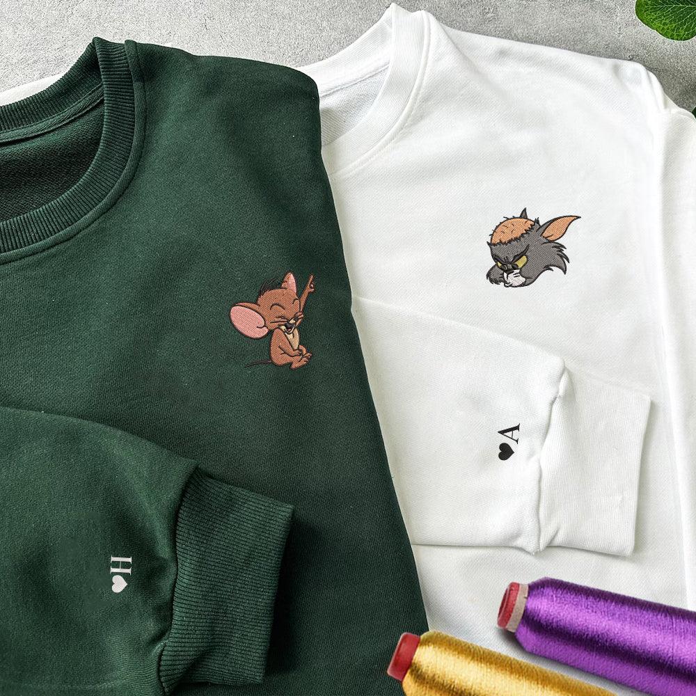 Custom Embroidered Sweatshirts For Couples, Custom Matching Couple Sweatshirt, Cartoon Tom Cat Mouses Couples Embroidered Sweater