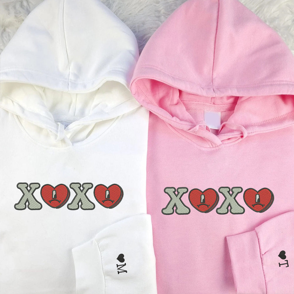 Custom Embroidered Hoodies For Couples, Cute Xoxo Valentine Couples Embroidered Hoodie