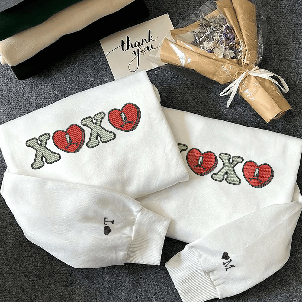 Custom Embroidered Hoodies For Couples, Cute Xoxo Valentine Couples Embroidered Hoodie