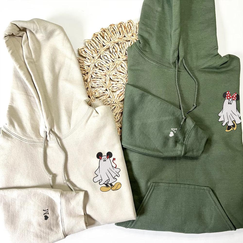 Custom Embroidered Hoodies For Couples, Custom Matching Couple Hoodie, Mouse Cute Ghost Couples Inspired Embroidered Hoodie