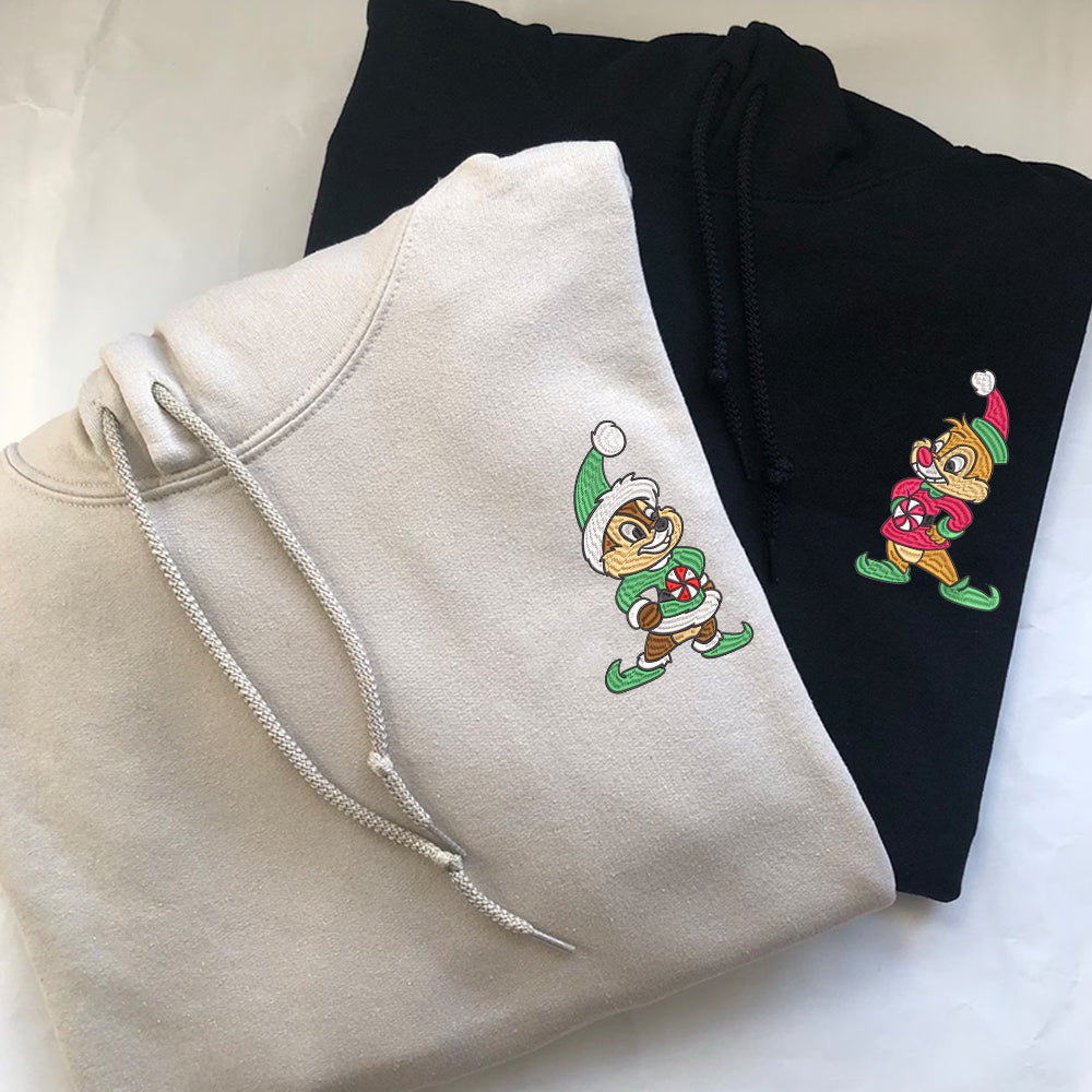 Custom Embroidered Hoodies for Couples, Cute Christmas Chipmunk Duo Hoodie, Matching Outfit